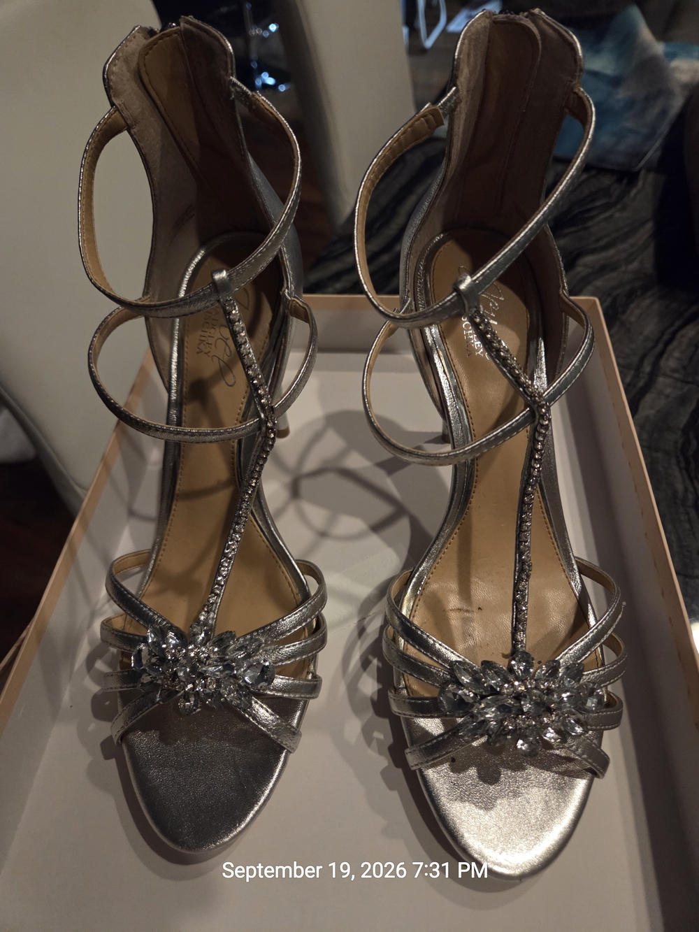 Jewel Badgley Mischka Hazel II Silver Crystal T-Strap Evening Heels